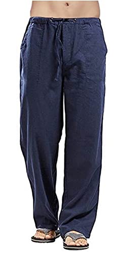 Pantalon en lin LINGHUI décontracté et ample en bleu L pour un confort quotidien absolu