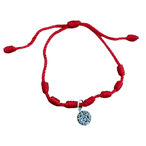 Minoplata Pulsera Roja de 7 Nudos, Hilo de Seda Ajustable con Tetragramaton de Plata de Ley 925 Envejecida, Amuleto Unisex, 10mm
