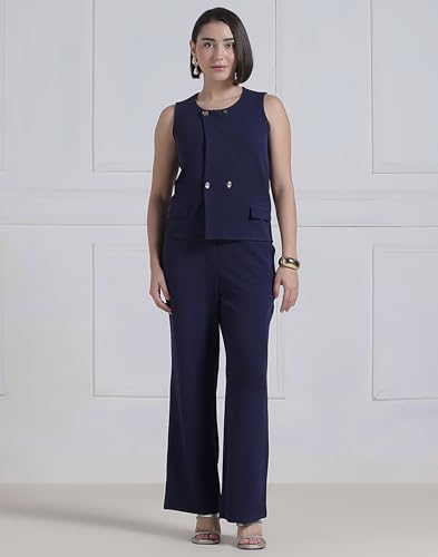 Image of Selvia Navy Blue Lycra Co-ord Set for Women, Button Detail Waist Top and Trouser Pant