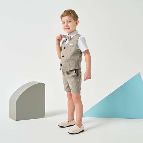 Image of Volunboy Baby Boys Summer Suits Short Sleeve Wedding Ring Bearer Outfits 4Pcs Graduation Dress Vest Shirt Bowtie Shorts Set