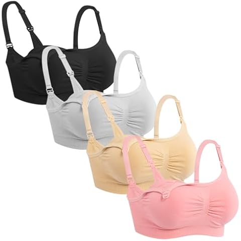 iloveSIA Plus Size Nursing Bra for Breastfeeding 4Pack Maternity Sports Bra Pregnancy Seamless Wireless Fit Bra Black Nude Grey Pink 3XL Cover
