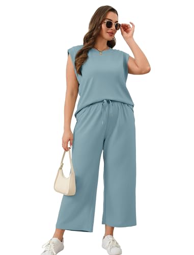 Image of SAMPEEL Two Piece Sets for Women Casual Travel Vacation Outfits Summer Wide Leg Crop Pants Lounge Sets