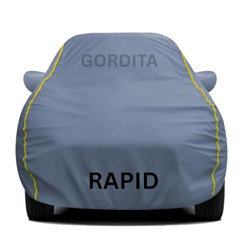 Image of Waterproof Car Body Cover for Rapid All Weather Protection Comes with Inner Cotton Lining & Triple Stitched with Mirror & Antenna Pocket Belt & Elastic Fit Grey with Yellow Piping2
