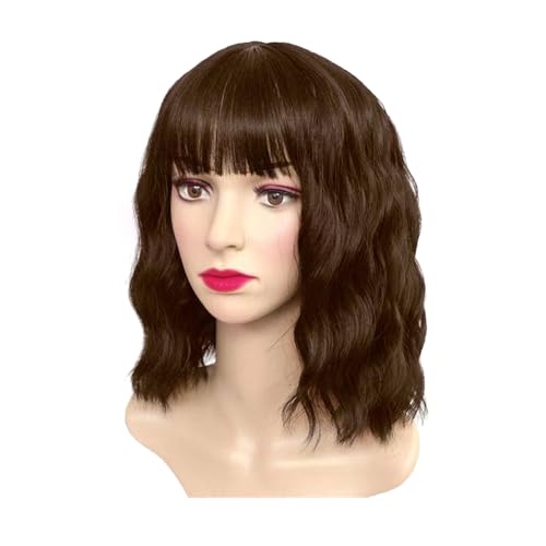 SKHAOVS Curly Fancy Dress Wig With Hair Bangs - Short Wavy Synthetic Bob for Women Cosplay Party, Halloween - Shoulder Length (Brown)