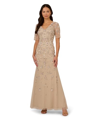 Adrianna Papell Women's Beaded Mesh Long Dress