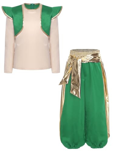 Miutii Disfraz de príncipe árabe para niños, camisa de manga larga medieval + pantalones bombachos Halloween carnaval fiesta trajes, verde, 110-116