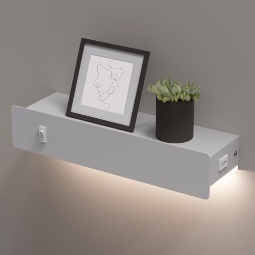 M12 White Wall Sconces with Shelf Modern Wall Lamps Motion Sensor Wall Lights for Living Room Bedroom Hardwired or Plug in Wall Sconces with USB Port Wall Mounted Light 3000K Backlight