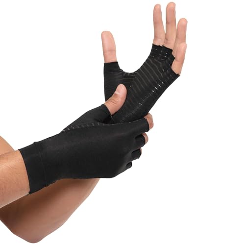 Copper Ion Compression Arthritis Gloves - Unisex. The best copper ion-filled fit gloves for carpal tunnel syndrome, finger arthritis pain, computer typing, and everyday hand and joint support (1 pair)