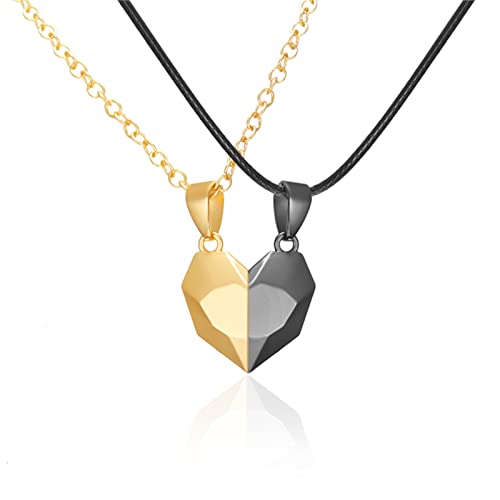 2 STÜCKE Passende Halskette für Paare Magnetische Halskette Gravierte Herz Halskette Wunschstein Schmuck Legierung Paare Herz Magnet Halskette für Männer Frauen Mädchen Jungen (Gold+Schwarz) Cover