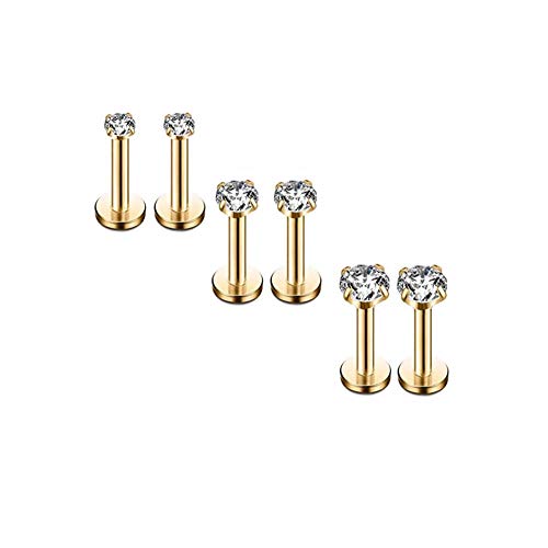 16G Diamond CZ Lip Rings Labret Monroe Nose Tragus Helix Ear Piercing Jewelry Surgical Stainless Steel 2 3 4mm CZ 6mm Bar Length 3 Pairs Set (3 PairsYellow Gold - Bar:6mm; CZ:2-4mm)