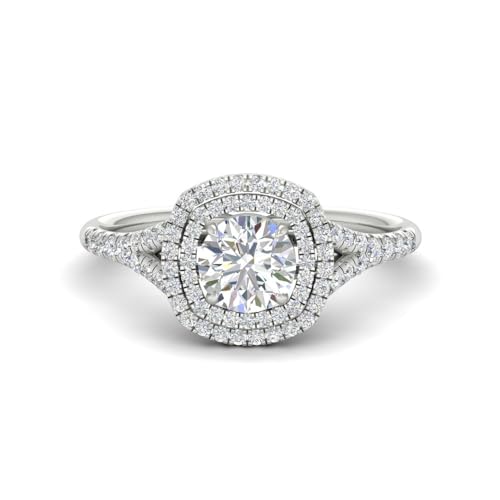 GIA Certified 1 Carat Round Cut Natural Diamond Split Band Double Halo Engagement Ring For Women 14K Gold 1/2 Ct Center (G-H Color, SI1-SI2 Clarity, 1 Ctw)