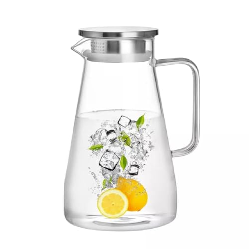 Image of Borosilicate Glass 1.8 LTR Water Jug with Handle, Juice Beverage Carafe with Stainless Steel Lid, Big Glass Iced Tea Pitcher, 1 Pcs Set (Borosilicate 1.8 Liter BOTOM Square)