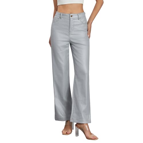 Awoscut Women's Metallic Shiny Trouser Pants Solid High Waist Disco Straight Leg Y2k Trousers for Party Dance Streetwear