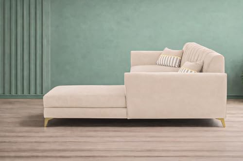Image of Adorn India Premium Luster 6 Seater L Shape Sofa Set | Velvet Suede Fabric | 3-Year Warranty | RHS |Color Cream with Golden Legs & Striped Pattern Cushion
