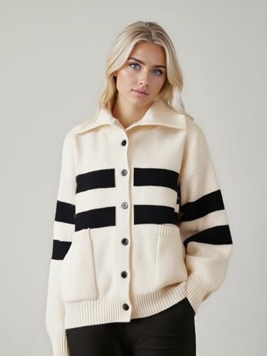 utcoco Women's Turtleneck Button Down Cardigans Color Block Chunky Knit Sweater Coat with Pockets4