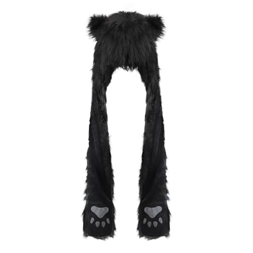 JIAHG Women Girls Cozy Faux Fur Animal Hat Furry Hood Scarf Pockets Paws Mittens 3 in 1 Hat Warm Hoodie Earflaps Cap Combo4