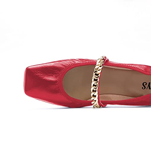 FYS Women Square Toe Flat Low Heel Mary Jane Chain Strap Ballet Shoes Soft Ladies Dancing Prom Shoes Size 4-15 US4