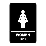 Factory Crafts | Self Stick ADA Unisex Bathroom/Restroom Sign Men and Women with double sided tape | Handicap Symbol | ADA compliant with Braille | Black 9'x6' | Made in USA (Women)