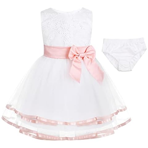 TiaoBug Baby Mädchen Kleidung Set aus Kleid+Windeln Hose Abdeckung Neugeborene Taufkleid Partykleid Blumenmädchen Kleider Geburtstag Festzug Outfits 0-24 Monate Pearl Pink 62-68 Cover