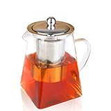 Spring Chef Square Glass Tea Pot with Infuser, Heat-Resistant Borosilicate Glass Teapot with Strainer, Removable Infuser Tea Pot Handmade for 1-2 person-550ml/18.6oz