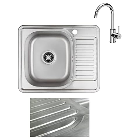 VBChome Einbauspüle mit Armatur 58x48 Satinstruktur ab 45er Unterschrank Edelstahl Küchenspüle Spüle Ablagefläche Abtropffläche Rechts eckiges Camping Ablaufgarnitur Siphon Wasserhahn Chrom Cover