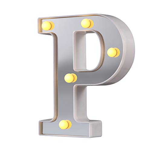 Luces de letras de marquesina LED, 26 letras del alfabeto iluminado Letrero perfecto para luz nocturna Boda Fiesta de cumpleaños Lámpara de Navidad Decoración de la barra del hogar (Plata, P)