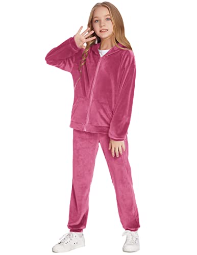Greatchy Girls Velour Tracksuit Kids Tricot Jogging Set - Full Zip Warm-Up Jacket And Jogger Sweatpants Sweatsuit Outfits Set Rose Red #TOP4