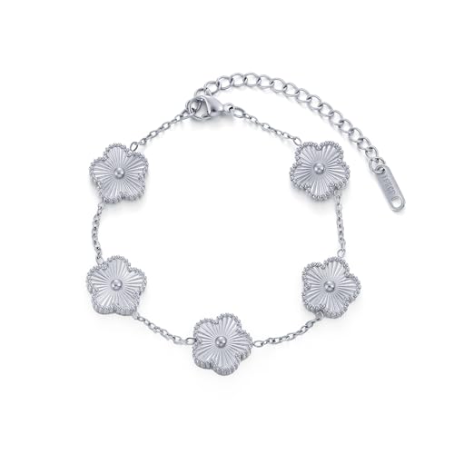 TICVSS Four Leaf Clover Bracelet for Women 18K Gold Plated Stainless Steel Lucky 4 Leaf Gold Link Bracelet Jewelry Gift for Women (Silver)