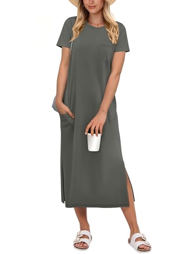 Image of ANRABESS Womens Midi Dress,Summer Long Tshirts Dresses,Short Sleeve Split Stripe,Comfy Travel Beach Vacation Casual Wear