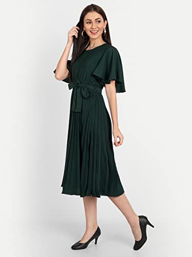 Image of KUDUZO Women's Crepe Long Pleated Below Knee Length Flutter Sleeve Round Neck S to XL Maxi Dress for Girls. (EG-U0IM-B9A1)