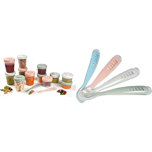 BÉABA, Lot de 12 Portions Conservation et 2 Cuillères Silicone, Clip, Pots empilables et emboîtables & Lot de 4 Cuillères en Silicone Bébé/Enfant, 1er...