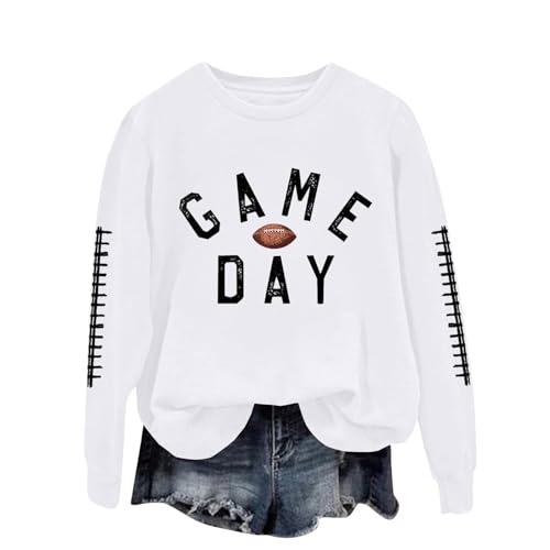 Betadog Women Football Shirt Football Game Day Sweatshirts For Women Graphic Print Pullover Shirt Fall Casual Crew Neck Long Sleeve Mom White Sweatshirts For Trendy X-Large
