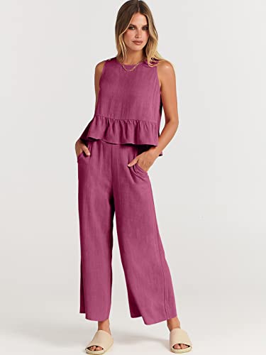 Image of ANRABESS Women's Summer 2 Piece Outfits Sleeveless Tank Crop Button Back Top Cropped Wide Leg Pants Set Pockets, Fuchsia, Small