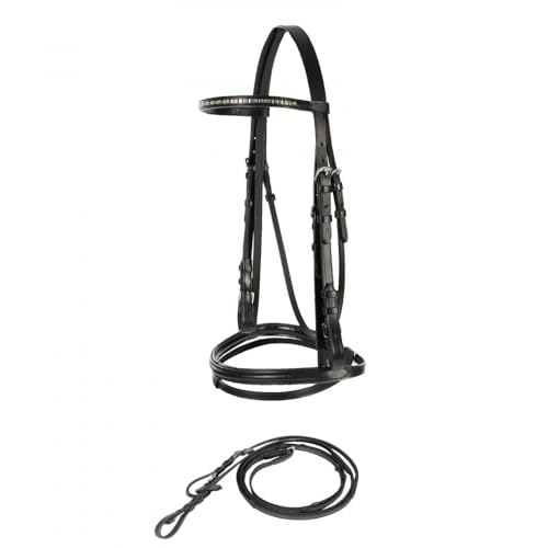 HORZE Weston Padded Leather Snaffle Bridle with Flash Noseband and Web Reins | English Bridle for Horses - Black - Horse