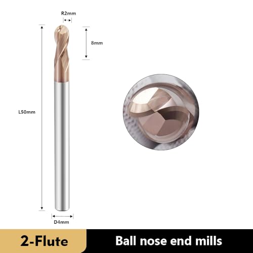 Image of Carbide Ball Nose End Mills-2 Flute TISIN Coated,for Milling Alloy Steels, Hardened Steel, Metal etc.1 Pcs R2x50mm
