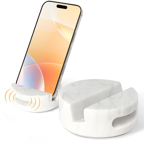 CHISELED ST DF SK Elegant and Versatile White Marble Phone Stand with Sound Amplification Round Phone Holder Function for Desk,Kitchen,Bathroom,and Bedside
