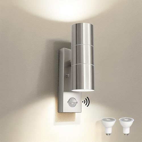 JNR Edelstahl LED Außenlampe mit PIR Bewegungsmelder, IP54 Up Down Wasserdichte Außenleuchte mit Bewegungsmelder 230V, Aussenlampe inkl. 2x5W GU10...