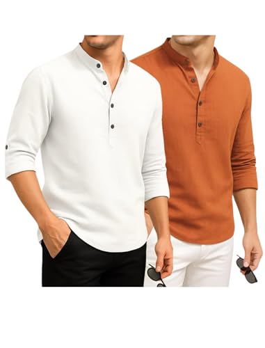 Image of DEEMOON Combo of Men's Cotton Blend Solid Regular Fit Full Sleeve Short Kurta | Men's Trendy Short Kurta Pack of 2 (Available in Plus Size & Combo Packs)