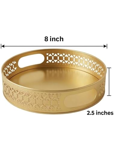 Image of Premium Round Gold Metal Decorative Tray (8-Inch) - Handcrafted Cutwork Serving Platter for Home Decor, Coffee Table, Ottoman, Vanity, and Gifting - Antique Gold Finish