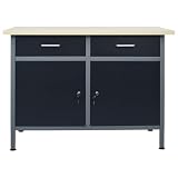 Mengtu Arbeitstisch Werkbank mit Schubladen und Schränken, 120 x 60 x 85 cm, Schwarz Grau Stahl Holzwerkstoff, 500 kg Belastbarkeit, höhenverstellbar, für Werkstatt und Garage 145346
