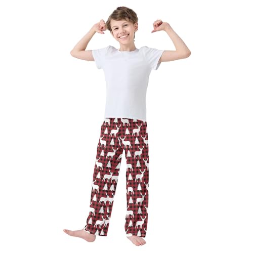 Reindeer Tree Plaid Boys Long Pants Soft Trousers Elastic Waist Kids Lounge Bottoms with Pockets S-XL2