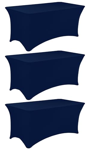 Image of 3 Pack 6FT Spandex Table Covers Washable Wrinkle Resistant Fitted Rectangle Tablecloth for Folding Table Wedding Party Birthday Banquet Bar Events(Navy Blue)