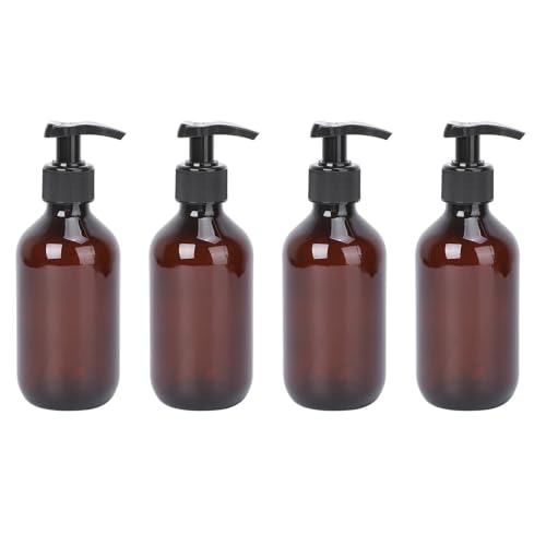 VINTORKY 4 Piezas Botella de Pe Marrón de 300 Ml Recargable Bomba de Prensa, Portátil y Rellenable para Loción y Acondicionador en Viajes y Alojamientos