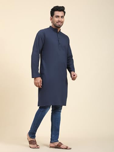 Image of SKAVIJ Men's Cotton Kurta Summer Casual Long Shirt Regular Fit Blue 3X-Large