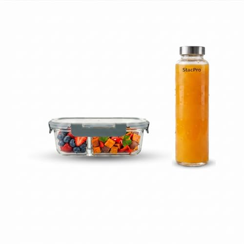 Image of Glass Lunch Box with 2 Compartments | Leakproof Borosilicate Glass Lunch Container with Airtight Lid | BPA Free Tiffin Box for Office, School & Travel (1x570ml + 1xTextured Glass Bottle)