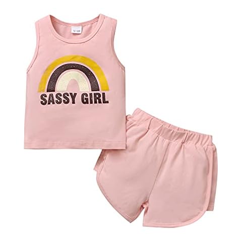 Baby Girl Clothes Toddler Girls 12M-4T Summer Outfit Set Rainbow Baby Clothe Short Sleeve T-Shirt Tops Shorts Pants - pink - 12-18 Months Cover