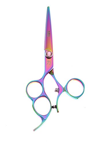 ShearsDirect Japanese 440C Stainless True Left Handed 3-Finger Hole Swivel in Rainbow Titanium, 6 Inch, 4 Ounce