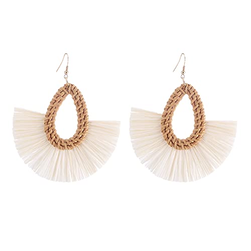 Image of Ladies Handmade Rattan Earring - Tassel A Type Straw Wicker Earrings Bohemian Geometry Earring Circle Pie Shape Earrings