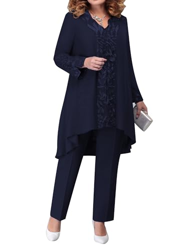 Nyeemya Conjunto de 3 Piezas para Mujer Elegante Traje de pantalón Boda cóctel Fiesta Moda Blazer Cárdigan + Pantalones + Camiseta de Gasa sin Mangas Top Azul Marino A XL