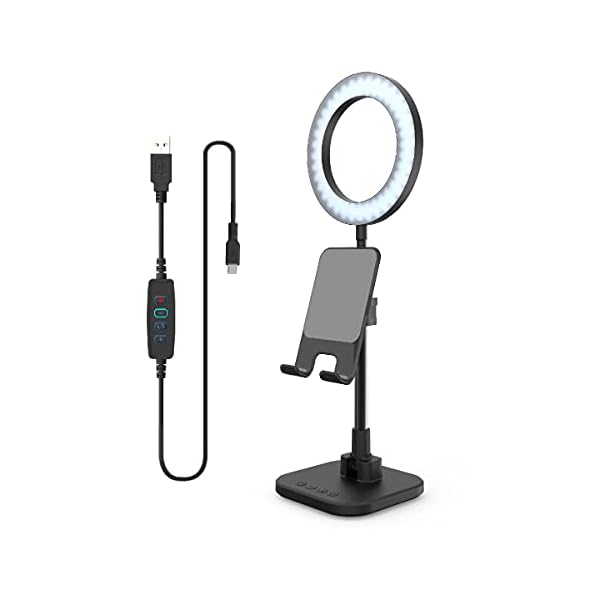 digipower LED Ringlicht Schreibtischlampe mit Smartphone- und Tablet-Halterung inkl. Akku, höhenverstellbar, für Videocalls am Arbeitsplatz und Home Schooling, schwarz, DP-WSH-PH6, weiß